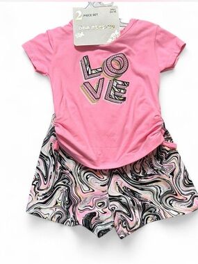 Pink "LOVE" Tee and Swirl Print Shorts Set